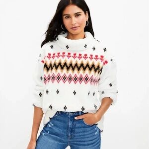 LOFT Cozy White Patterned Turtleneck Sweater